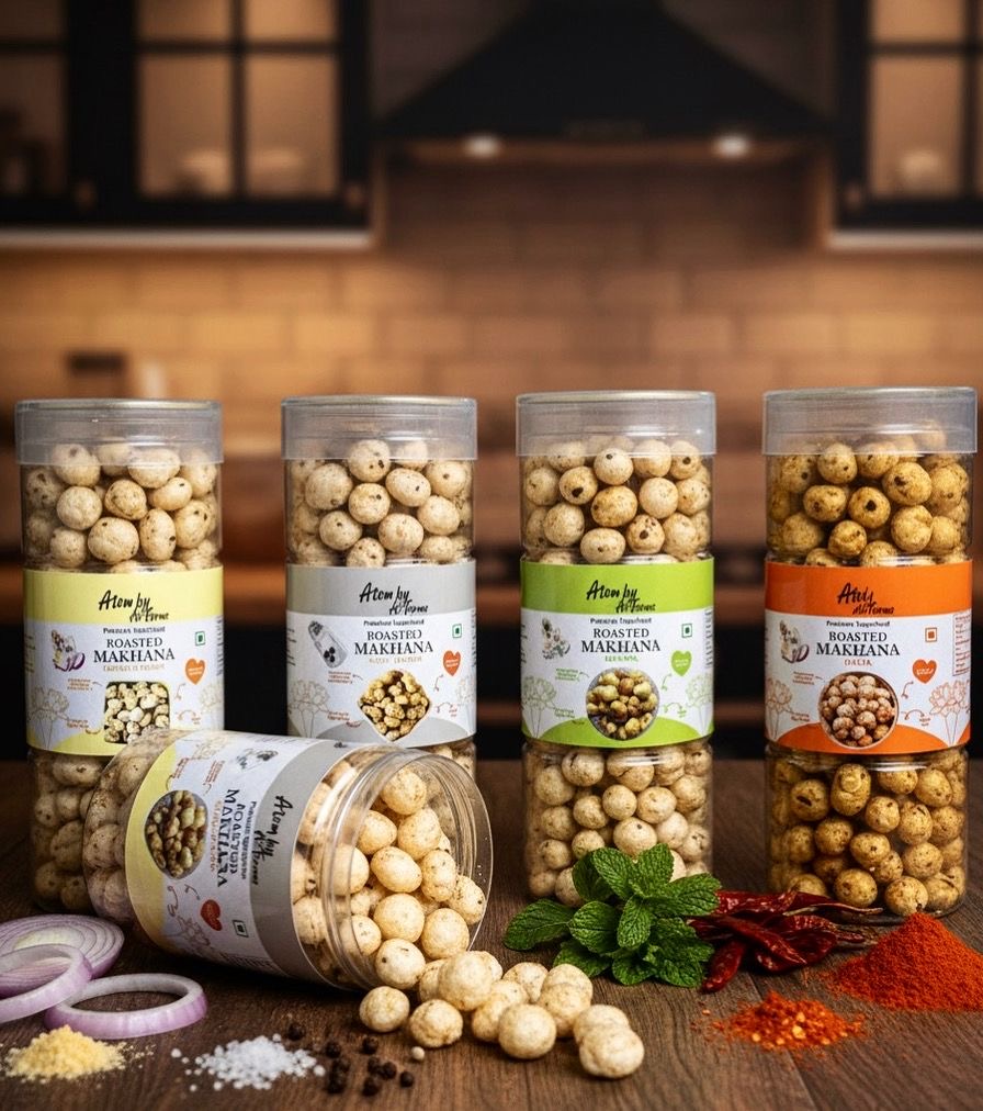 ATOM by A2Farms makhana collection with 4 flavors - Peri Peri, Pudina, Cream & Onion, Salt & Pepper